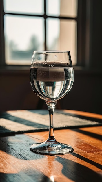 a glass of water sits on a table with a window behind it