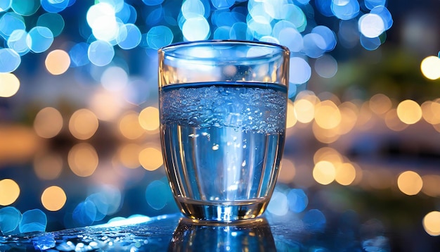 Glass of water on table Refreshing mineral drink Blue tones Blurred bokeh