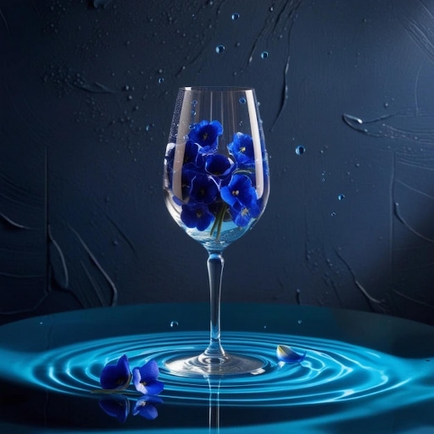 a glass of water with blue flowers and leaves in it