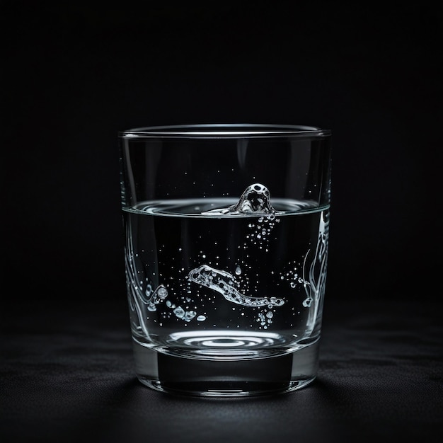 a glass of water with bubbles in it and a black background