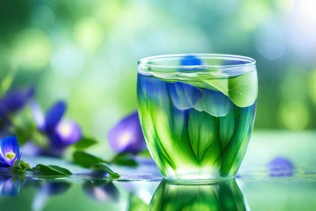 a glass of water with a flower in it