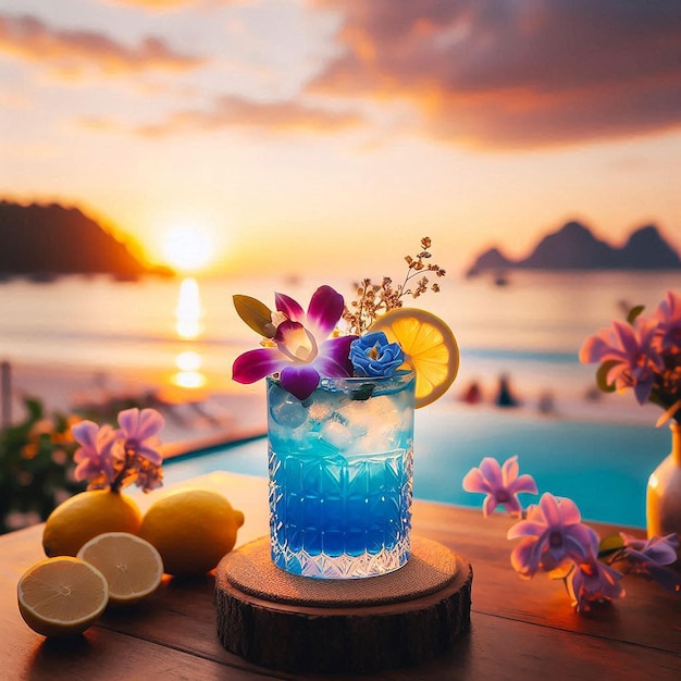 Photo a glass of water with flowers and fruit on a table