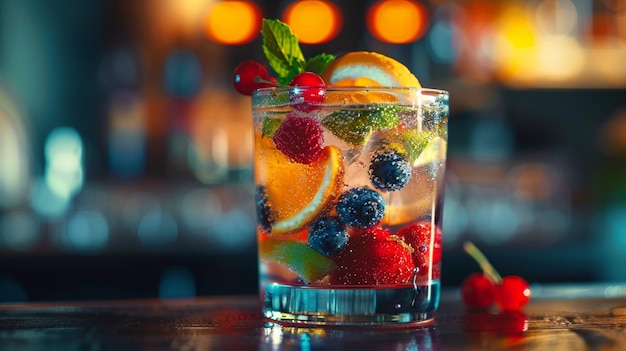 a glass of water with fruit and berries on it