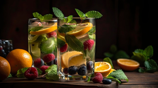 A glass of water with fruit on the side