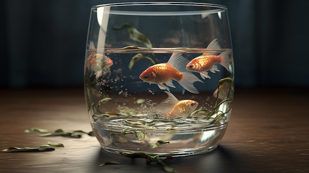 A glass of water with goldfish in it