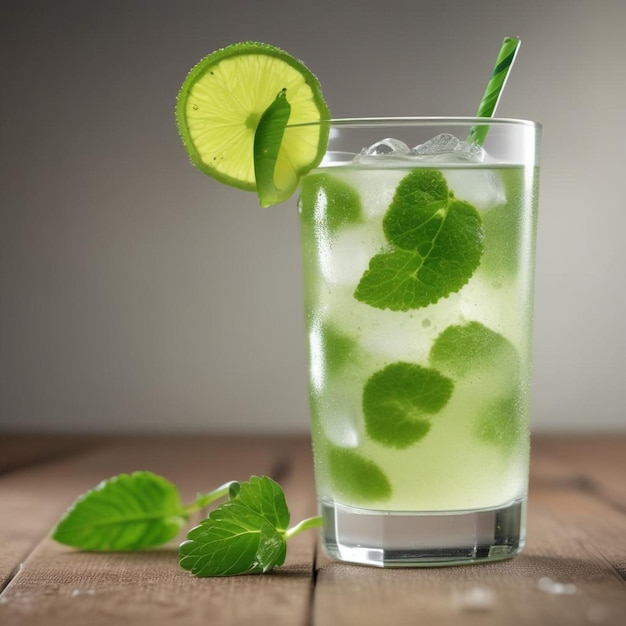 a glass of water with a green leaf and a straw