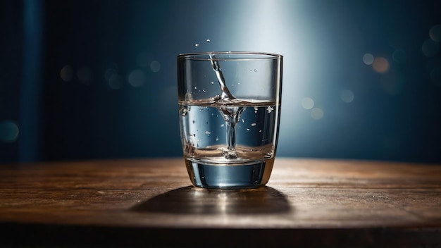 A glass of water with ice cubes on a gray background