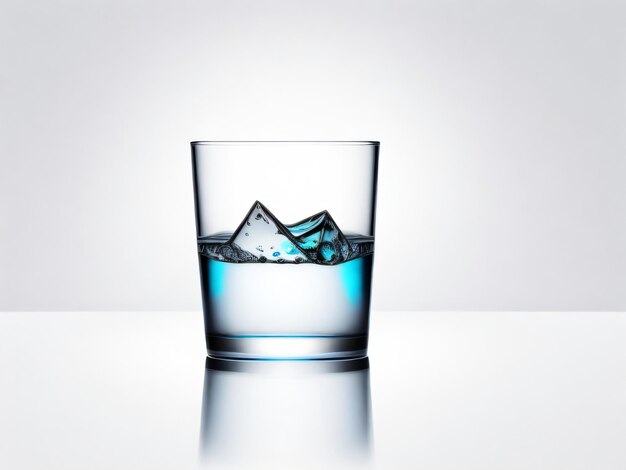 A glass of water with ice cubes in it on a white table with white background