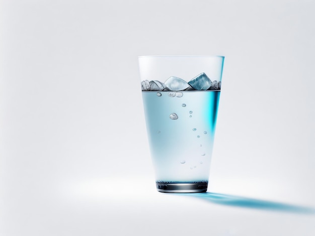 A glass of water with ice on it on a white table with white background