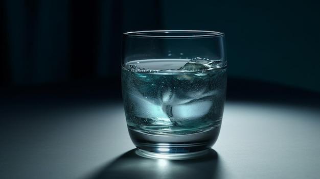 Glass of water with ice on the table in the dark roomgenerative ai