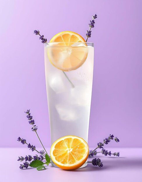 a glass of water with a lemon and purple flowers