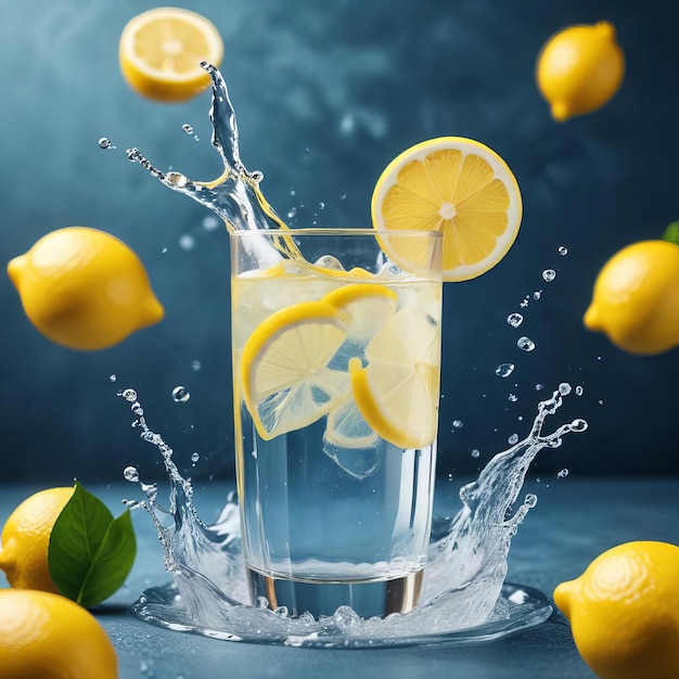 a glass of water with lemon slices in it and a lemon wedge in it AI Generated