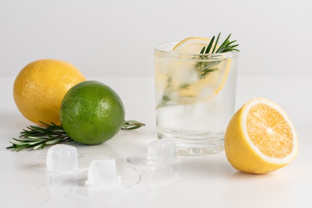 The glass of water with lemon slices, rosemary and ice.