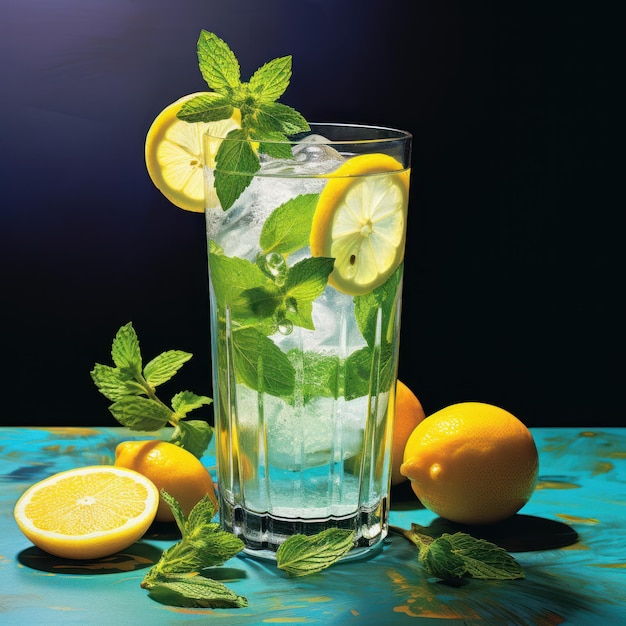 a glass of water with lemons and mint leaves on a table