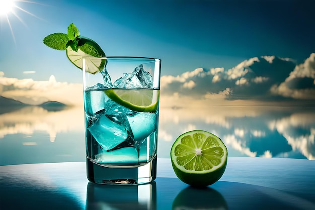 A glass of water with a lime and mint on the side