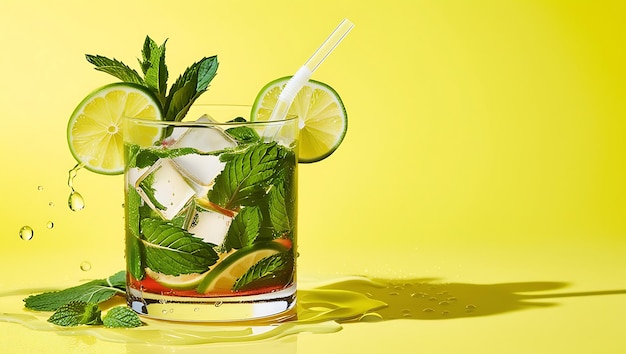 Photo a glass of water with mint leaves and a straw in it