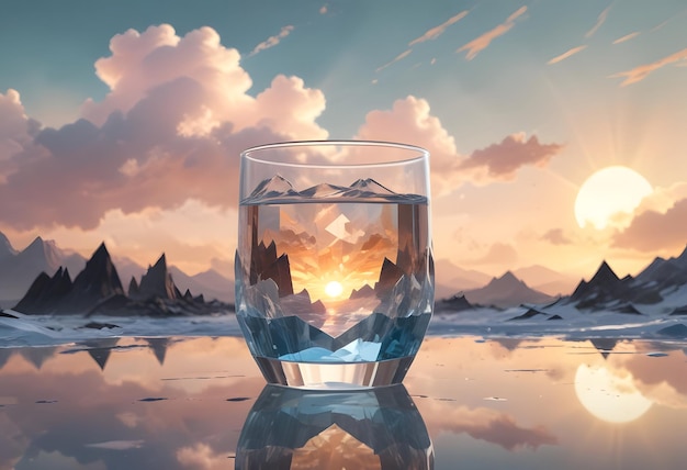 a glass of water with mountains in the background