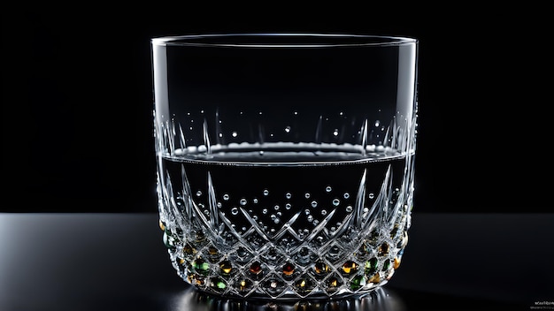 a glass of water with multicolored beads on it