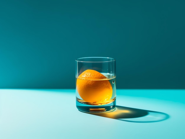 A glass of water with an orange in it