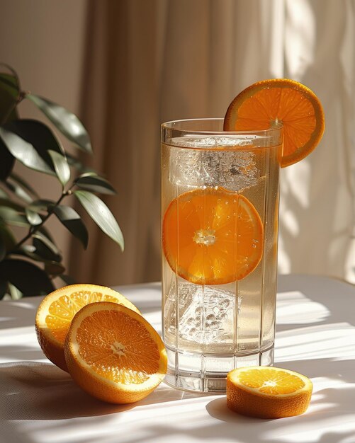 Photo a glass of water with orange slices and a cup of water