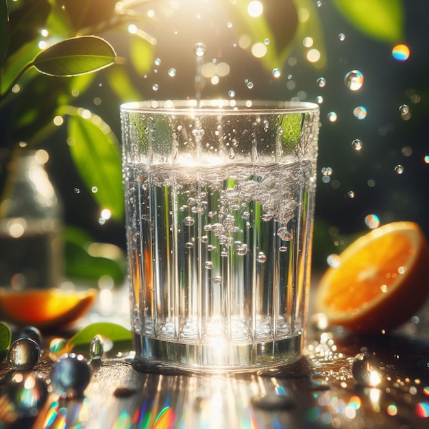 GLASS OF WATER WITH PIECES OF ICE INSIDE ON A LIGHT BACKGROUND