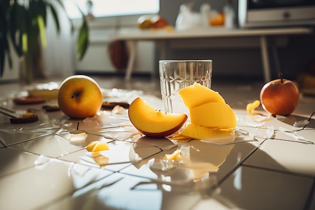 Glass of water with pieces of mango and apple on floor in kitchen Accident in daily life concept