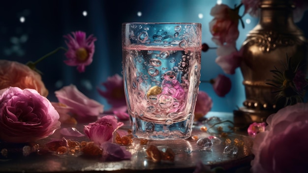 A glass of water with pink flowers on the table