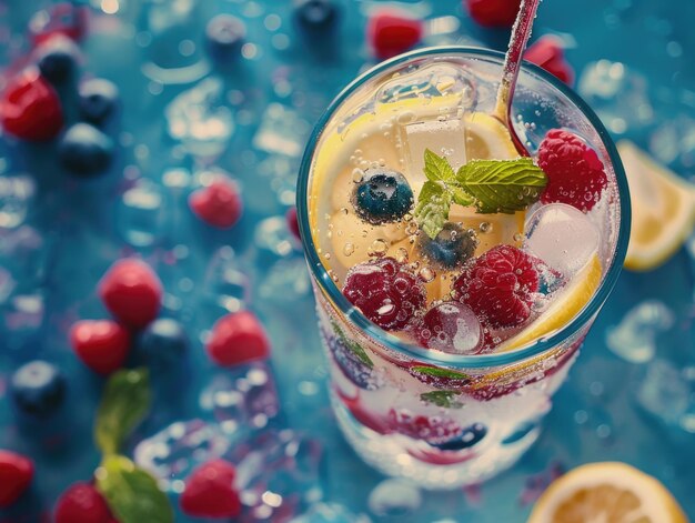 A glass of water with raspberries and lemon slices The glass is half full and the raspberries are scattered around the rim