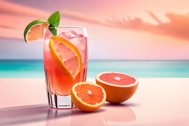 A glass of water with a slice of grapefruit and a slice of grapefruit.