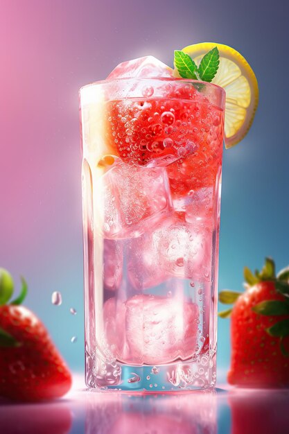 a glass of water with strawberries and lemon wedges