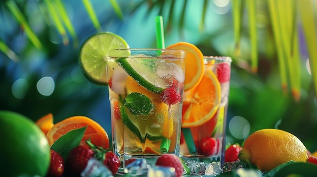 a glass of water with strawberries and strawberries on it