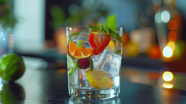 a glass of water with a strawberry and some fruit on it