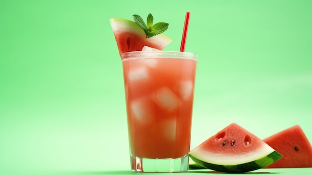 A glass of watermelon cocktail with a slice of mint on the side.