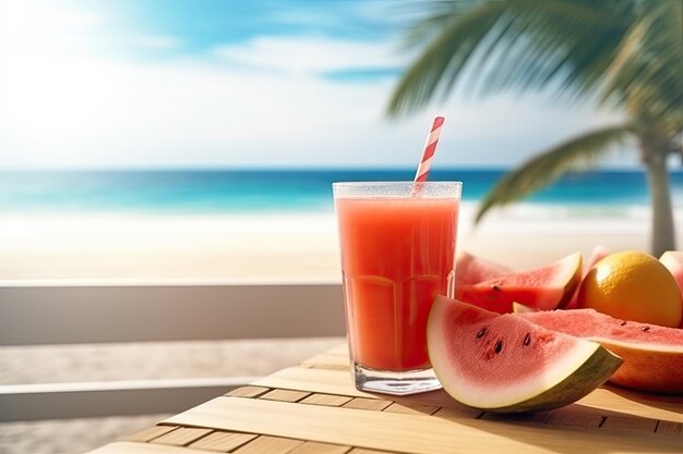 A glass of watermelon juice on a table with a beach background