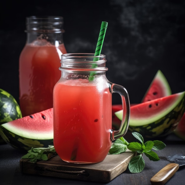 A glass of watermelon juice with a green straw.