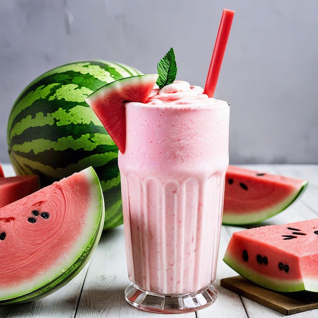 a glass of watermelon milkshake with a straw in it