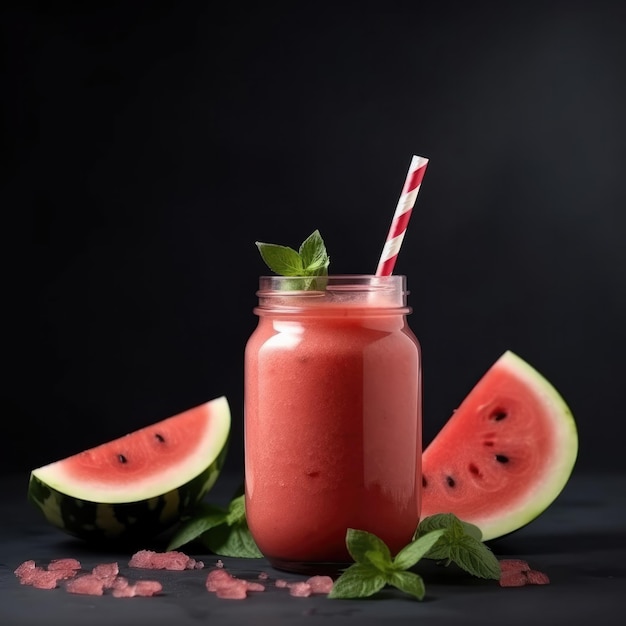 A glass of watermelon smoothie with a red and white striped straw.