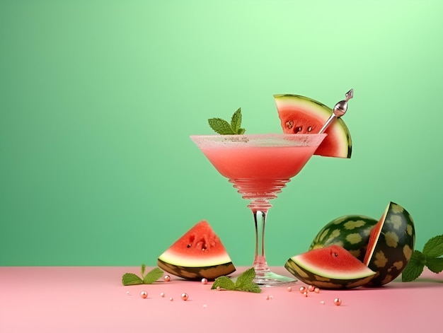 Glass of watermelon strawberry cocktail with mint leaf in martini glass on trendy light blue and pink background copy space Freshly blended strawberry and watermelon iced smoothie Summer drink AI