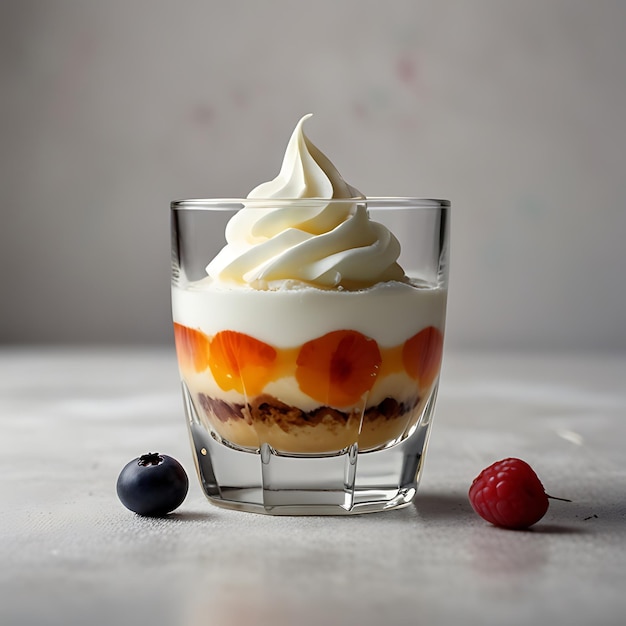 Photo a glass of whipped cream with a strawberry and chocolate cream topping