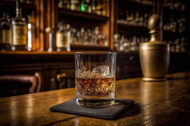 A glass of whiskey on the bar in front of the bar