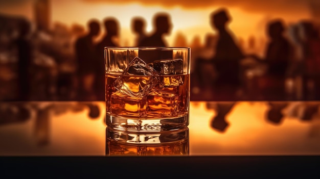 Glass of whiskey blurred background with silhouettes of people AI