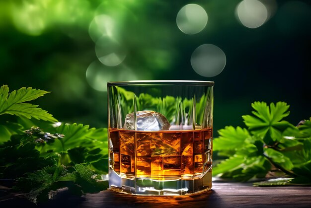 Glass of whiskey on green nature blur background