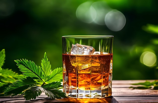 Glass of whiskey on green nature blur background