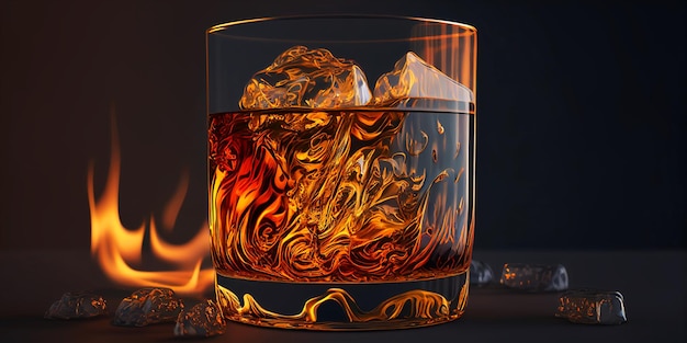 A glass of whiskey and ice cubes stands on the table cozy atmosphere