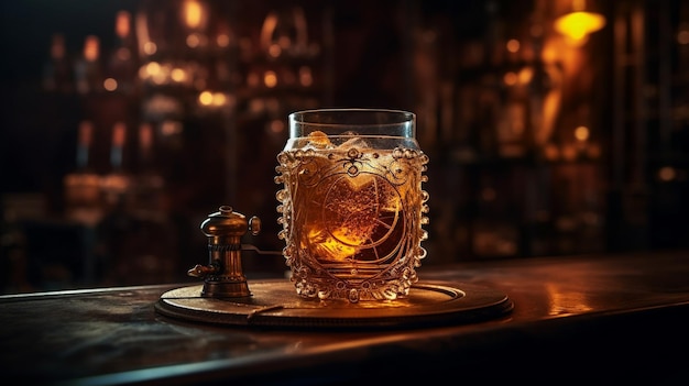 A glass of whiskey sits on a bar with a gold ring on the glass.