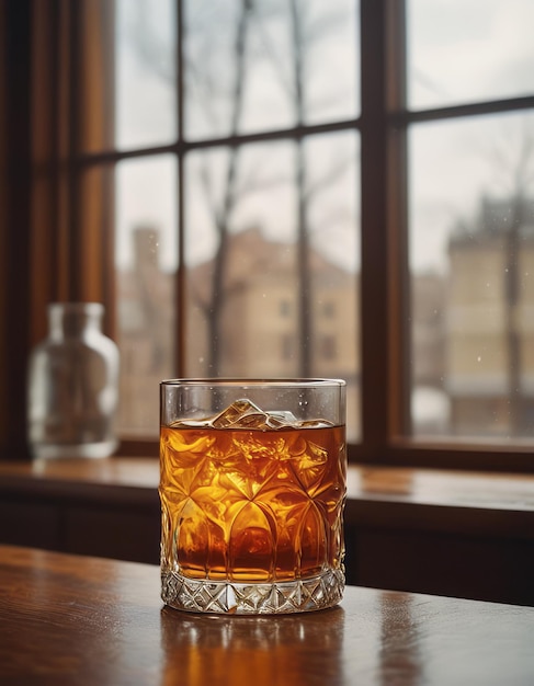 a glass of whiskey sits on a table next to a bottle of whiskey