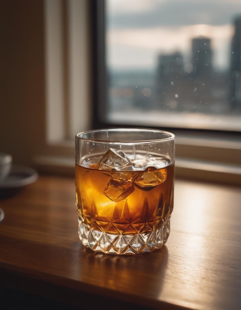 a glass of whiskey sits on a table next to a cup of whiskey