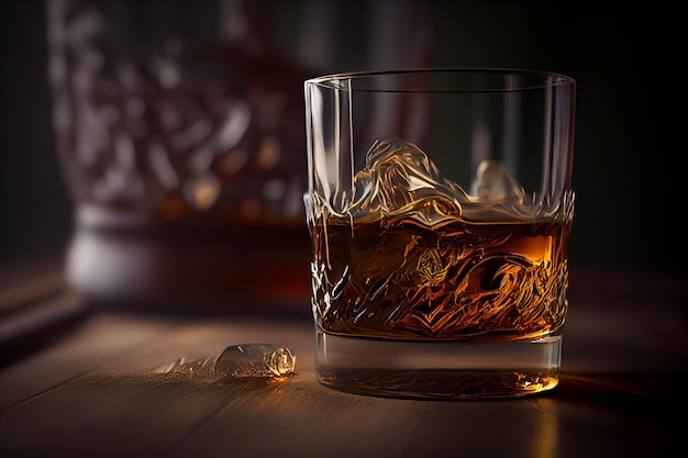 A glass of whiskey sits on a table next to a green leather chair.