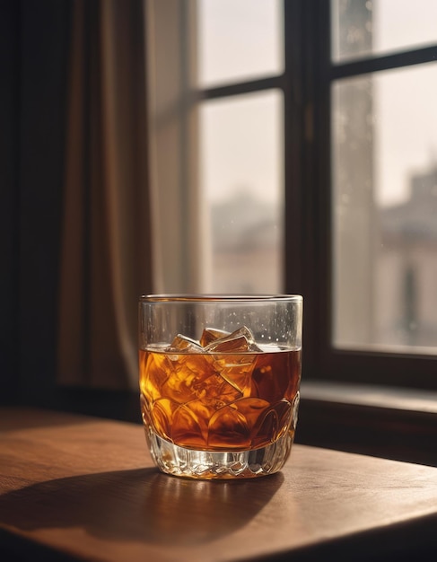 a glass of whiskey sits on a table next to a window