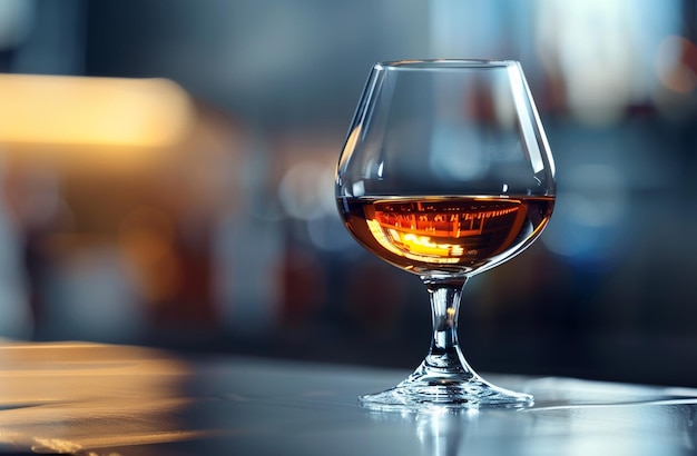 a glass of whiskey sits on a table with a reflection of the light on the table